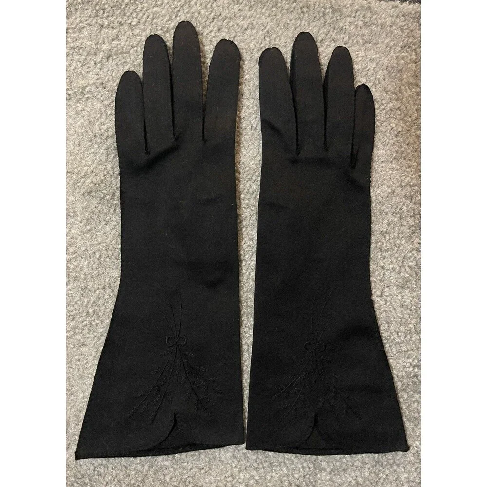 Vintage Fownes Doette Deluxe Long Black Gloves Floral Embroidery Hand Sewn Sz 7